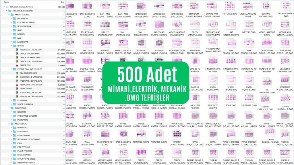 AutoCAD 500 Adet Hazır Tefriş (Mekanik, Elektrik, Mimari)