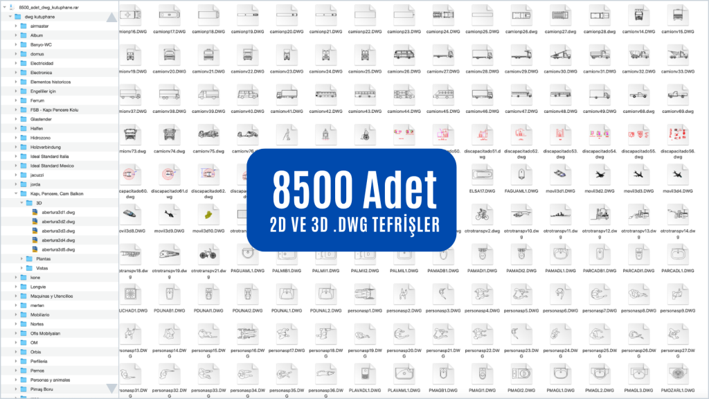 AutoCAD DWG Tefriş Kütüphanesi (8500 Adet)