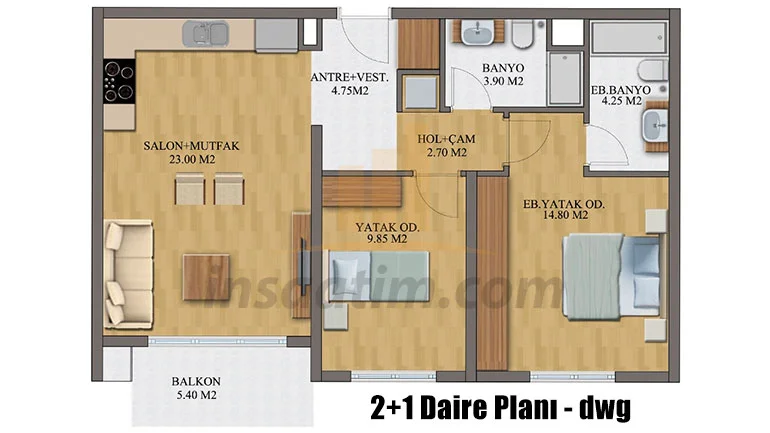 2+1 daire autocad plan çizimi – dwg